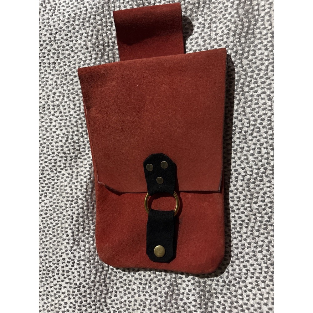 Handmade Red Leather Suede Belt Pouch Black Leather Flap closure brass ring